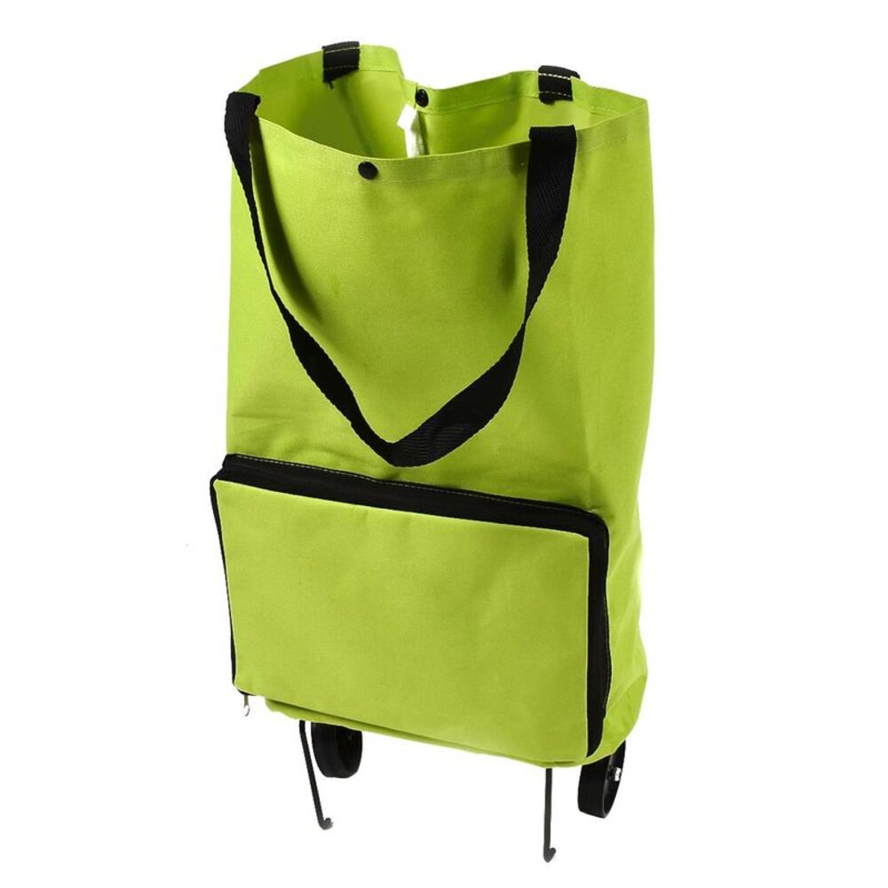 Polyester Handy Foldable Bag Wheel Cart Shopping Trolley Green